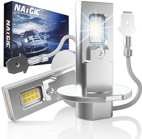 NATGIC Bombillas Antiniebla LED H3, 70W 18000LM Sin Ventilador & Inalámbricas 6500K Blanco +300% Más Brillo Reemplazo por Luces Antiniebla Luz Alta/Baja Luces de Circulación Diurnas Luz de Conducció