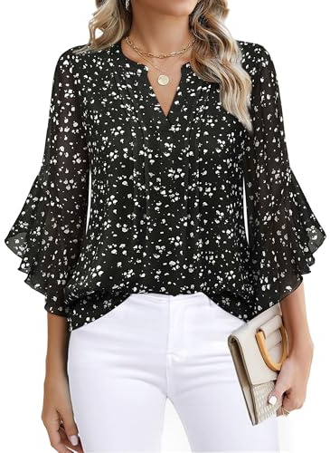 Timeson - Blusa elegante e informal de manga 3/4 para mujer, Negro con lunares., Large