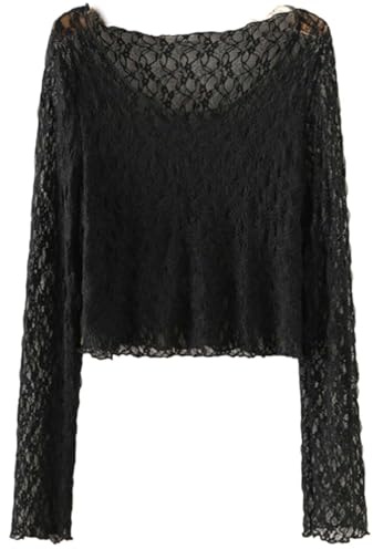 YEKEYI Blusa de malla de manga larga con cuello alto y encaje floral transparente para mujer, Negro, S