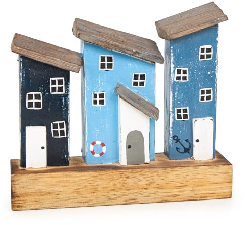 Logbuch-Verlag Maritime Häuser aus Holz blau Dekoleiste zum Hinstellen Häuserzeile weiß Bad Spa Strandhaus Dekoartikel 18 cm