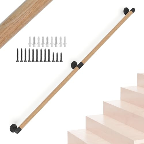 120CM/4FT Round Wooden Stair Handrail,Indoor Staircase Handrail,Wall Mount Support Stair Railings, Non-Slip Safety Corridor,Lofts,Patio,Guardrail Wood Hand Railings For Elderly,Children,Disable People