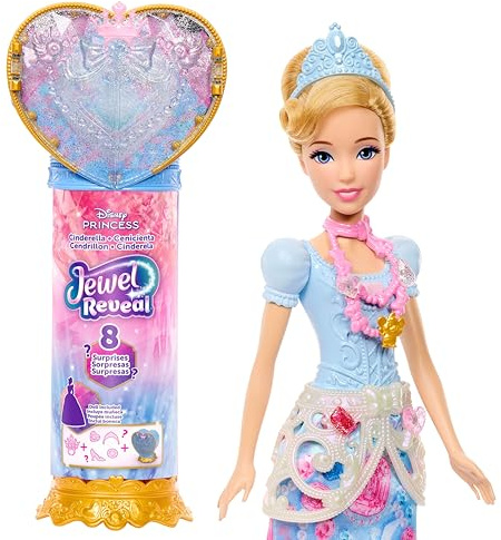 Mattel Disney Princesas Muñeca Cenicienta de Moda y Accesorios con 8 sorpresas, Incluido el joyero con Forma de corazón, el Anillo para los peques y 9 Piezas de Juego, Inspirada en la película, JHL50