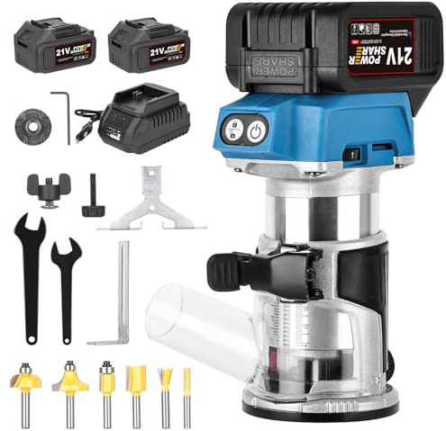 Fresadora de Madera a Batería 21V con 2 x 4.0Ah 30000 tr/min Motor Sin Escobillas Cuerpo de Aluminio, 6 Fresas de 1/4 Puerto de Extracción de Polvo para Carpintería DIY