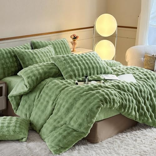YASMENG Ropa de cama de felpa de 135 x 200 cm, para invierno, color verde cálido, de pelo largo, muy suave, mullida, de piel de conejo, funda nórdica de 2 piezas para niños con cremallera y funda de
