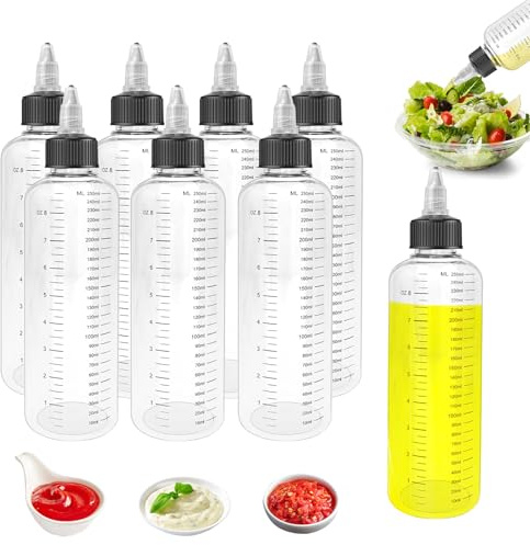 SNSYGN 8 flaconi dosatori, bottiglia da spremere da 250 ml, con scala, bottiglia da spremere con cappucci, in plastica, trasparente, per salsa liquida, ketchup, olio di soia, aceto