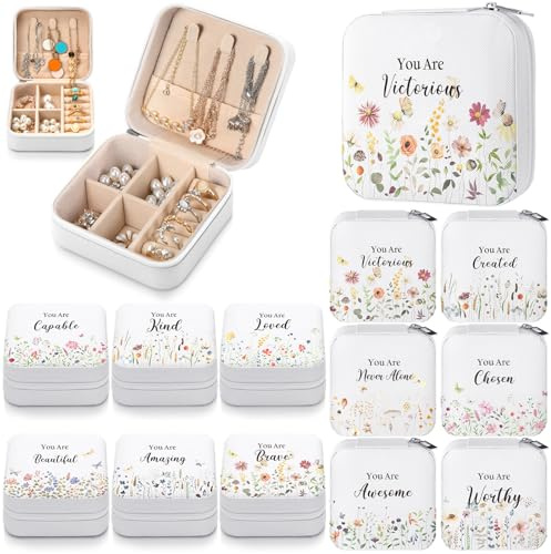 Kacctyen 12 Pieces Wildflower Mini Travel Jewelry Case Bulk You Are Amazing Loved Green Leaf Mother's Day Church Gifts for Secretary Day Party Girls Leather Travel Jewelry Case