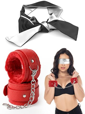 Fluffy Handcuffs with Chain Padded Cuffs for Grownups, Adjustable Red Satin Eye Mask 59 for Women - 2pcs Set