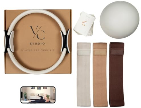 VC Studio Pilates Training Kit for Home Workout – Premium Fabric Resistance Bands, 13.5 Pilates Ring, Anti-Burst Ball, Exercise Cards & Digital How to Use Guide.