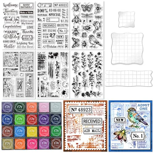 GLASSWINDS 29PCS Retro Elements Clear Stamp Set for Card Making and DIY Scrapbooking Journaling, Include 3PCS Acrylic Clear Stamp Blocks, 6PCS Silicone Stamps, 20PCS Craft Ink Pads