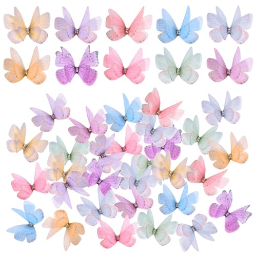 LUVDECO 50 Stück Schmetterlinge Deko mit Strass Doppellagiger Organza Stoff 3D Schmetterling Wandtattoo Schmetterlinge zum Aufhängen für Wanddeko Party Schmetterling Deko Geburtstag und DIY