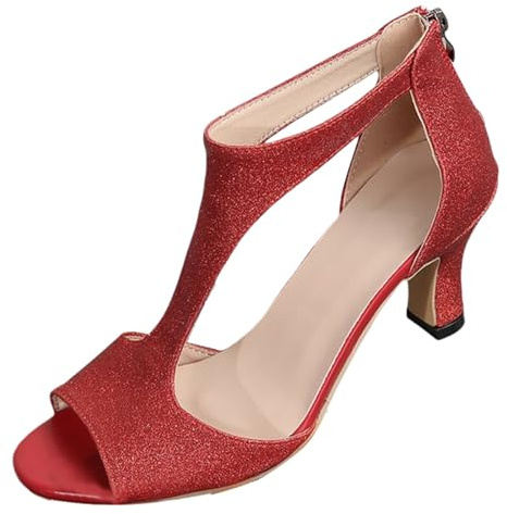 Dam glitter öppen tå sandaler T-rem mellanklack kvällsskor bröllop gästfest bal pumpar med dragkedja bak, Röd, 39.5 EU