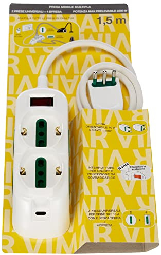 Vimar FP00527.C.B Presa con interruttore automatico di protezione 10 A, 2 prese universali Sicury, 4 Biprese Sicury, cavo 1,5