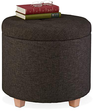 Relaxdays Sitzhocker mit Stauraum, gepolsterter Hocker rund, für Wohnzimmer, Leinen-Optik, H x D: 41 x 44 cm, braun