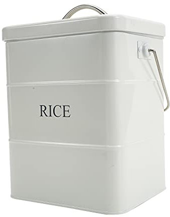 Xbopetda Metal Rice Storage Box, Square Rice Container with Lid and Handle, Sealed Food Storage Bin for Kitchen, Countertop Organizer Jar for Rice Flour Soybean Grain Cereal-White
