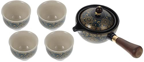 BESTonZON Keramik Tee Service Set Japanische Kyusu Tokoname Stil Porzellan Einhand 360 ° Rotierend 4 Teetassen mit Griff Kungfu Reise Tee Set für Teehaus Teeliebhaber Einweihungsgeschenk