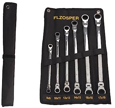 FLZOSPER 6-Piece Extra Long Flex-Head Double Box End Ratcheting Wrench Set, Metric 8-19mm, CR-V Steel Spanner with Portable Pouch