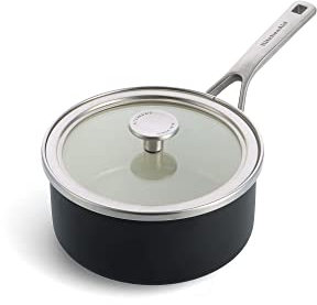 KitchenAid Steel Core Enamel Stielkasserolle mit Deckel (18cm/2l), deutsche Emaille, Induktionsgeeignet, backofenfest, spülmaschinenfest, Schwarz Matt