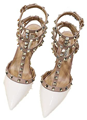 WOilERQ Spitzer Zehenabsatz für Damen, modischer Nieten, niedriger Block, klobige Pumps, mit Nieten besetzt, T-Riemen, Knöchelriemen, Schnalle, Kleid, Sandalen, geschlossene Zehen, Klassische,Weiß,34