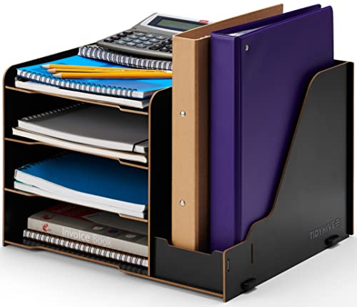 TIDYHIVE 4-Tier Letter Tray Organiser & Side Storage, A4 Paper Tray with Stationary Storage for Office Desk Tidy, File Holder Document Filing Trays, Black