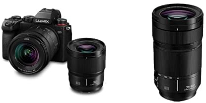 Panasonic LUMIX S DC-S5KCE-EG, fullformatskamera, allround set med två objektiv: S-R2060 (20–60 mm, F3,5-5,6) och S-S50 (50 mm, F1,8) & Panasonic LUMIX S-R70300E 70-300mm f4.5-5.6 MACRO O.I.S. Svart