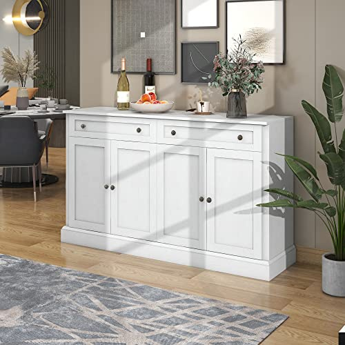 Kayan Großes Sideboard mit 4 Türen und 2 Schubladen, moderner Buffetschrank für Esszimmer und Wohnzimmer, 150 x 86 x 40 cm (Antikweiß)