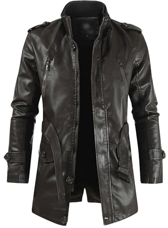 Veste en Cuir à Col Montant Et Ceinture pour Hommes Manteaux De Motard d'hiver Mi-Longs Et éPais Vintage Fleece Cargo Bomber Outwear (Café,M)