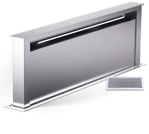 Klarstein Downdraft-Dunstabzugshaube 90cm, Versenkbare Dunstabzugshaube Abluft/Umluft für die Küche, Schmale Umluft-Abzugshaube ohne Rohr, 576m³/h Luftstrom, LED-Beleuchtung & Touch-Bedienfeld
