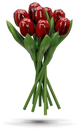 MomoMoments Bouquet de tulipes en bois pour l'être aimé - 9 tulipes en bois peintes à la main - 20 cm de haut - Rouge aubergine - Bouquet de fleurs artificielles - Décoration - Fabriqué en Hollande