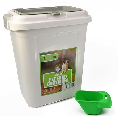 DIVCHI 20L Pet Food Storage Container Flip Top Locking System With Integrated Scoop Plastic Birds Airtight Pet Dog Cat Animal Dry Food 9 KG Dispenser Bin (White)