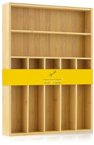 JoyJolt Bamboo Drawer Organizer, 7-Compartment Silverware Organizer, Cutlery and Utensil Organizer, Drawer Organizers for Garage, Kitchen, and Bathroom, Organizer Drawers for Kitchen Utensils