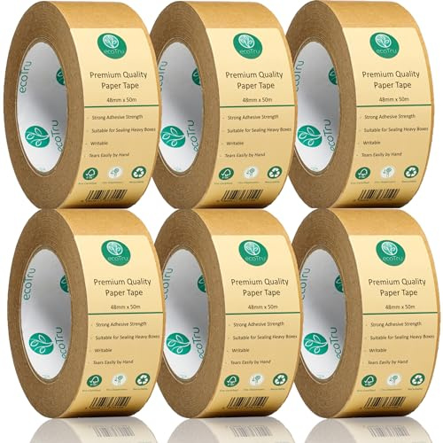 ecoTru Ultra Strong Kraft Paper Packing Tape, 6 Rolls Heavy Duty Bulk Pack, Brown Biodegradable Box Packing Tape for Parcels & Office Use, Fast & Secure Sealing, Packaging & Shipping, 2 Inch x 44 Yard