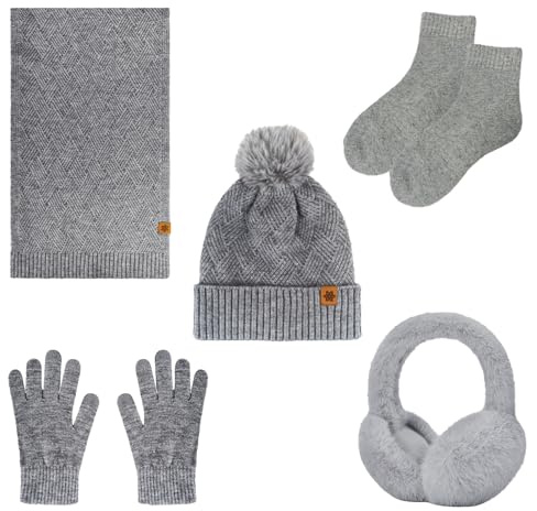 Stickad mössa och halsduk set 5 st vinter kallt väder set, skidutflykt set plysch öronvärmare mössa hatt halsduk pekskärm handskar kvinnor termiska strumpor för skidåkning utomhussport, Grå, one size