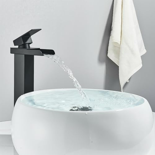 XWIHTR Badrumskran i vattenfall, badrumskran i rostfritt stål och mässing, vattenbesparing, handfatskran, varm och kall munstycke, handfatskran med en handtag (svart-h)