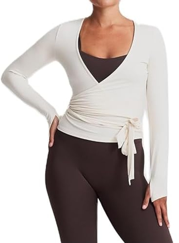 BABWWNIX Y2k Ballet Pilates Wrap Top for Women Long Sleeve Deep V Neck Tie Front Workout Yoga T Shirt Blouses Sports Tops (C-White, L)