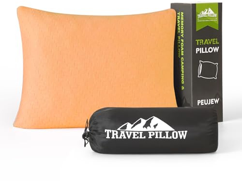 PEUJEW Piccolo cuscino in memory foam triturato, cuscino da campeggio, cuscino da viaggio, comprimibile, medio rigido, copertura traspirante, ideale per escursioni, aereo e auto (giallo albicocca, S)