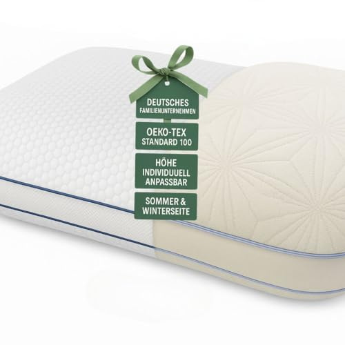 hERZtal 3-Schicht-Kissen mit Sommer- und Winterseite, 60x40x15 cm, Höhenverstellbar, Memory-Schaum, Weiß