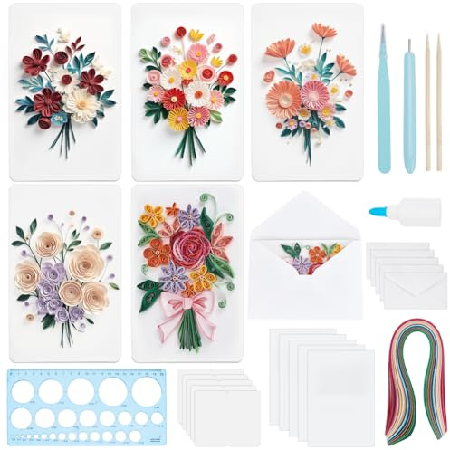 WEBEEDY 20 Sets DIY Bouquet Quilling Greeting Card Kit Flower Paper Quilling Kit with Instruction for Adults Beginners 5 Styles Floral Quilling Card Making Kit for Wedding,Anniversary,Birthday