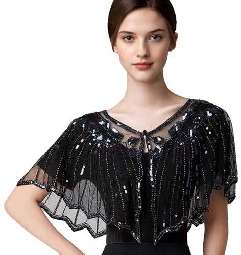 NICENEEDED Scialle Vintage da Donna 1920s, Scialli da Sera Flapper con Perline e Paillettes, Bolero da Sposa Semitrasparente Nero