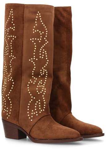 95979 Bota Alta Cowboy con Cana Alta y Tachuelas para Mujer. Tacon Medio y Comodo. Estilo campero, Estampado Liso, Cierre de Cremallera Ideal para Otono Invierno. Kaki Talla 39