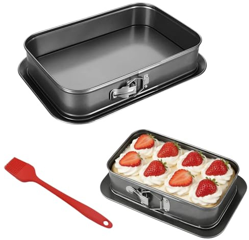 ASOUUNLD Molde Cuadrado Desmontable Antiadherente 33 x 24 cm, Molde Rectangular con Base Molde Reposteria Rectangular Molde Tarta Desmontable con Cepillar para Tiramisú, Pastel, Postre