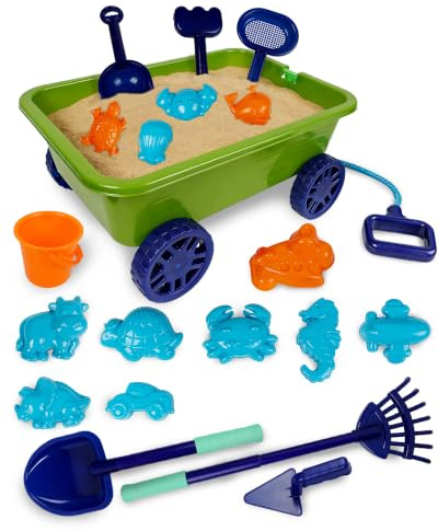 21-Piece Kids Sand Toy Set with Pull-Along Toy Wagon, Bucket and Spade Set, Rake, 12 Sand Moulds & Storage Bag, Sandpit Beach Toys for Kids Ages 3–8, Garden Outdoor Play