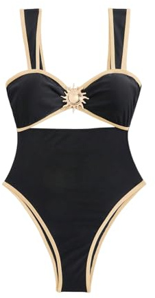 SOLY HUX Women's One Piece Bathing Suit Bodysuit Monokini High Cut Swimsuits Beach Wear Solid Black Large
