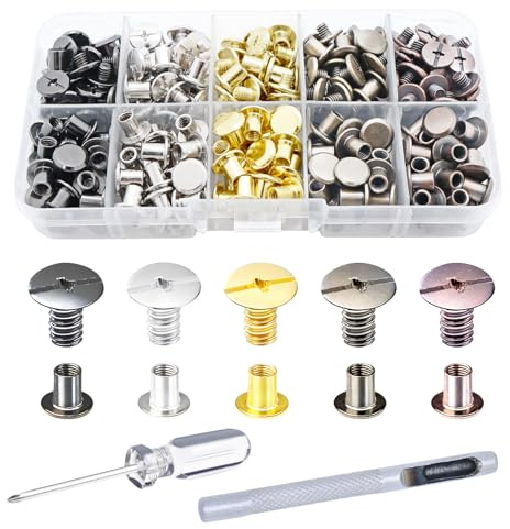 150 Pz Rivetti per Cuoio, Borchie per Tessuti, Borchie per Pelle, Rivetti a Vite, Viti Chicago per rilegatura di libri, abbigliamento, artigianato, scarpe, zaini (5 colori), con punzoni per cuoio