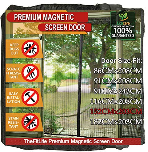 TheFitLife Magnetic Fly Screens for Doors - Heavy Duty Mesh Curtain with Full Frame Hook and Loop Powerful Magnets That Snap Shut Automatically