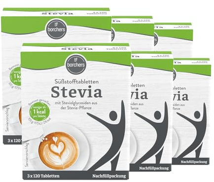 BORCHERS Stevia Süßstofftabletten Nachfüllpack, Tafelsüße 6x 360 Tabletten, Stevia-Zucker-Mischung, kalorienarm, praktischer Spender, Süßungsmittel, Zuckeralternative