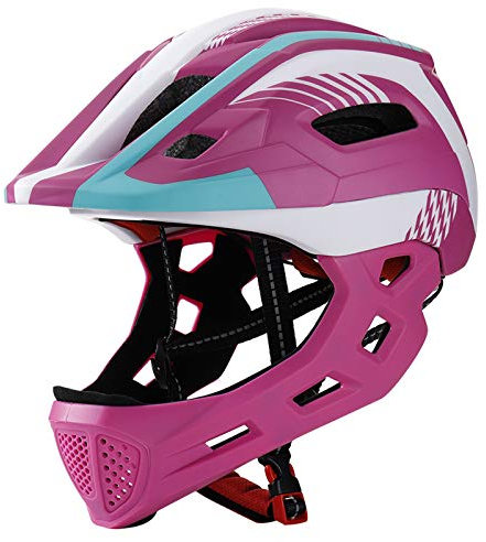 QYTK Fahrradhelm Kinder mit Abnehmbarem Kinnschutz Jungen/Mädchen Fahrrad Integralhelm Downhill Helm Skateboard Rollerblading Inlineskaten Kinderfahrradhelm Licht Helm (52-56CM) (Rose Rot Weiß)