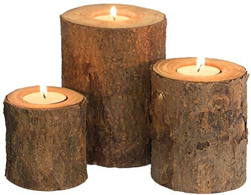 Bark Wooden Pillar Tree Stump Candle Holders Set of 3 – Rustic Wood Candle Holders, Decorative Tealight Holders, Log Cabin & Cozy Cottage Decor