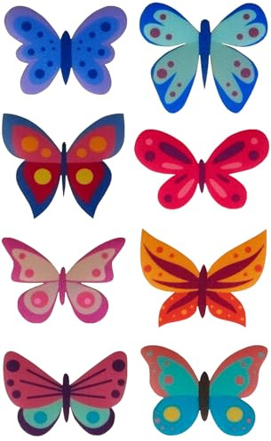 8 toppe serigrafate per bambini da stirare sui vestiti. Applicazioni termoadesive per riparare e decorare pantaloni, giacche, maglioni, zaini, ecc. (Butterflies)