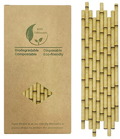 100 Unidades Pajitas de Papel de Bambú Amarillo, Biodegradable Yellow Bamboo Pajitas Desechables para Zumo, Café, Limonada, Batidos