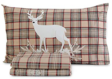 HomeLife Sänglinne Set Flanella Bäddset, Made in Italy – Inkluderar sängkläder på toppen, sängkläder under hörn och örngott – Vinterlakan (Fantasia Tartan, Beige)